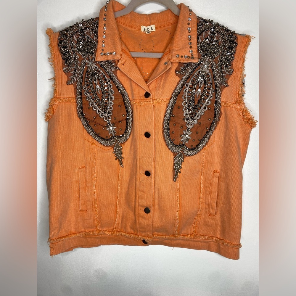 NWOT POL Orange Denim Vest with Stud Accents